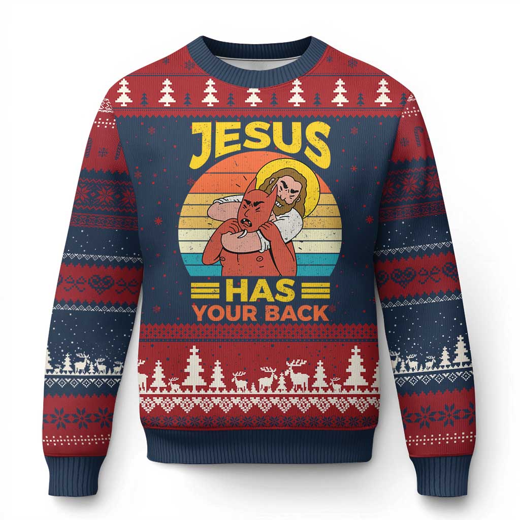 Funny Jesus Has Your Back Ugly Christmas Sweater Jiu Jitsu Retro Christian TS11 Navy Red Print Your Wear