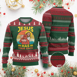 Funny Jesus Has Your Back Ugly Christmas Sweater Jiu Jitsu Retro Christian TS11 Red Green Print Your Wear