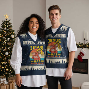 Funny Jesus Has Your Back V-Neck Knit Sweater Vest Jiu Jitsu Retro Christian TS11 Navy Beige Print Your Wear