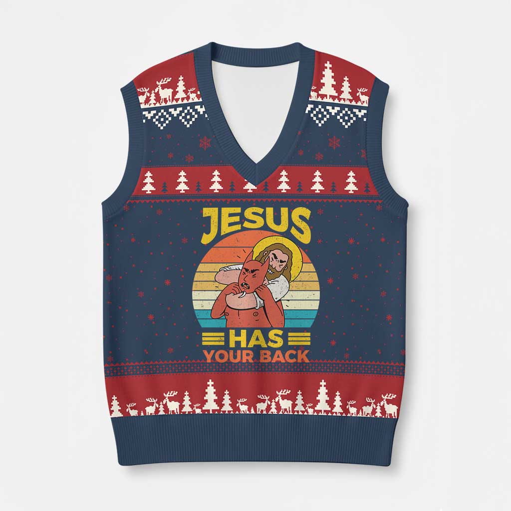 Funny Jesus Has Your Back V-Neck Knit Sweater Vest Jiu Jitsu Retro Christian TS11 Navy Red Print Your Wear