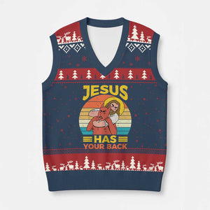 Funny Jesus Has Your Back V-Neck Knit Sweater Vest Jiu Jitsu Retro Christian TS11 Navy Red Print Your Wear