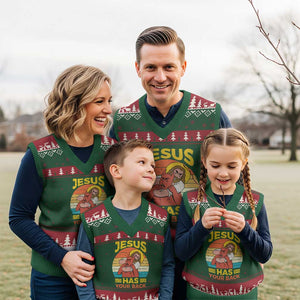 Funny Jesus Has Your Back V-Neck Knit Sweater Vest Jiu Jitsu Retro Christian TS11 Red Green Print Your Wear