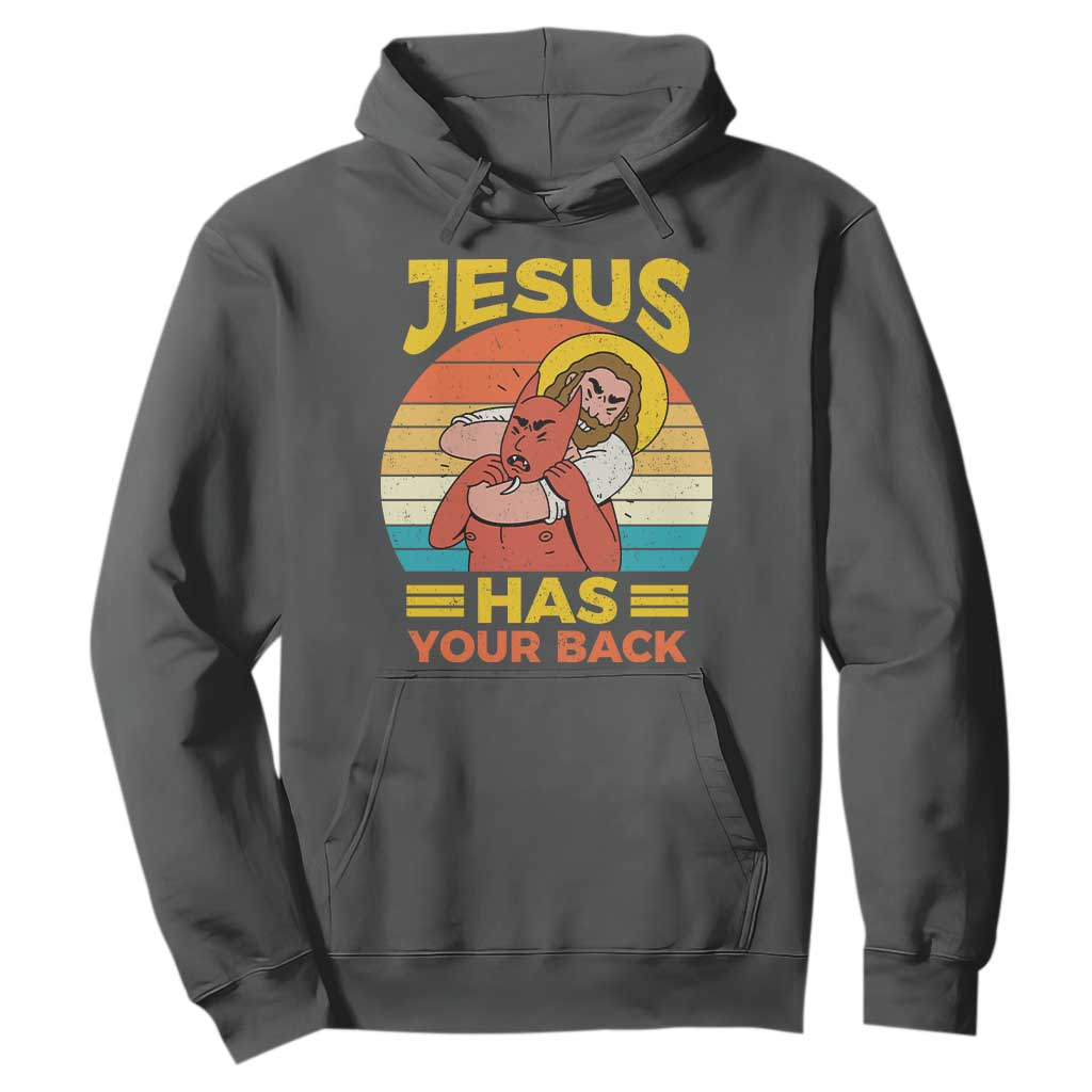 Funny Jesus Has Your Back Hoodie Jiu Jitsu Retro Christian TS11 Dark Heather Print Your Wear