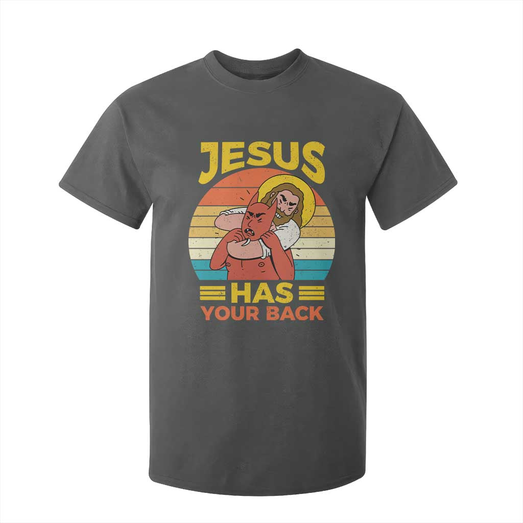 Funny Jesus Has Your Back T Shirt For Kid Jiu Jitsu Retro Christian TS11 Dark Heather Print Your Wear