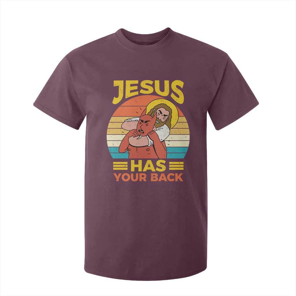 Funny Jesus Has Your Back T Shirt For Kid Jiu Jitsu Retro Christian TS11 Maroon Print Your Wear