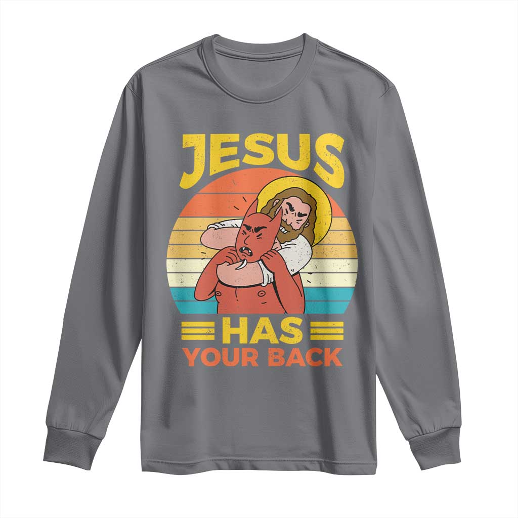 Funny Jesus Has Your Back Long Sleeve Shirt Jiu Jitsu Retro Christian TS11 Charcoal Print Your Wear