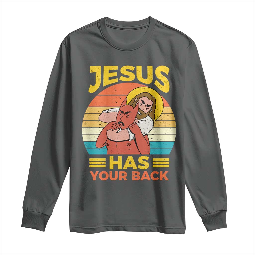 Funny Jesus Has Your Back Long Sleeve Shirt Jiu Jitsu Retro Christian TS11 Dark Heather Print Your Wear