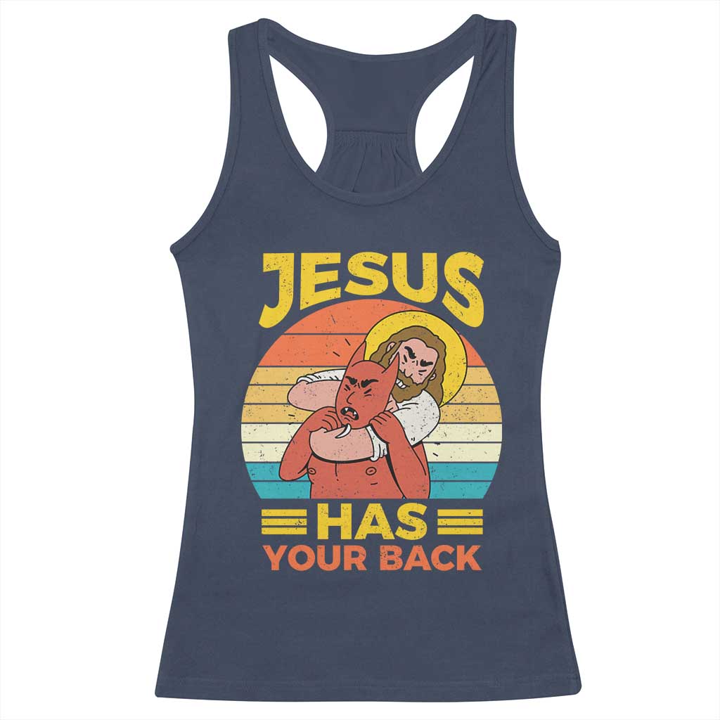 Funny Jesus Has Your Back Racerback Tank Top Jiu Jitsu Retro Christian TS11 Navy Print Your Wear