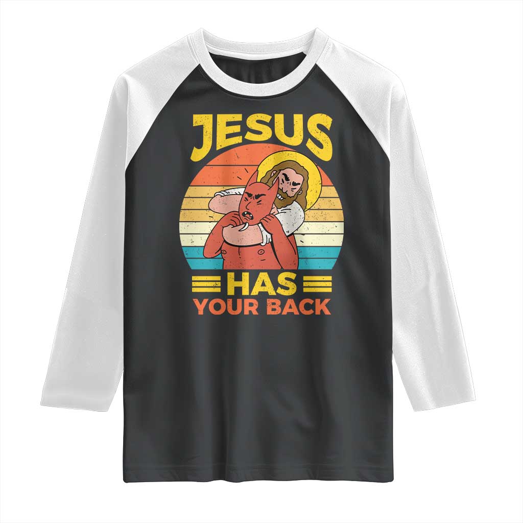 Funny Jesus Has Your Back Raglan Shirt Jiu Jitsu Retro Christian TS11 Black White Print Your Wear