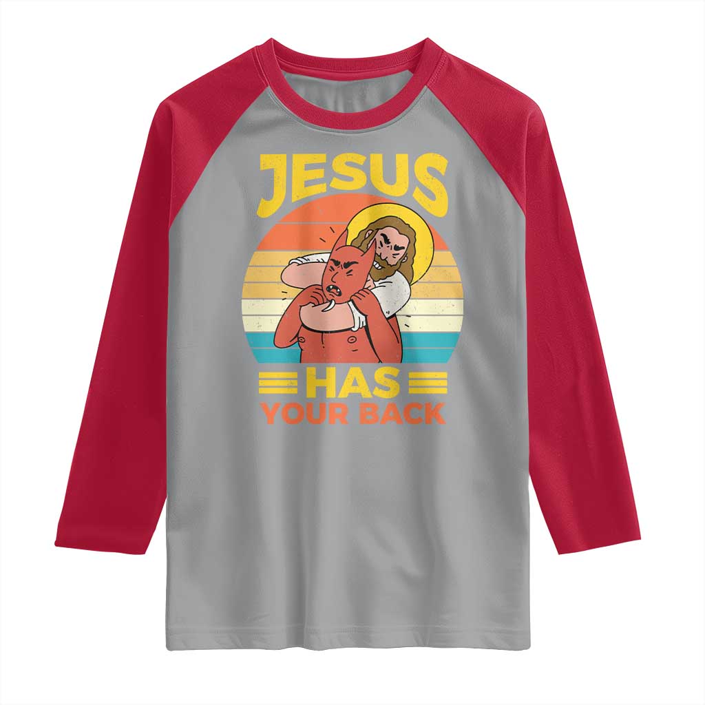 Funny Jesus Has Your Back Raglan Shirt Jiu Jitsu Retro Christian TS11 Sport Gray Red Print Your Wear
