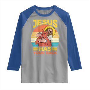 Funny Jesus Has Your Back Raglan Shirt Jiu Jitsu Retro Christian TS11 Sport Gray Royal Print Your Wear