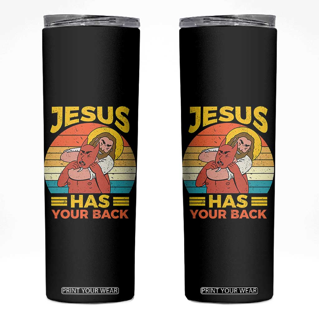 Funny Jesus Has Your Back Skinny Tumbler Jiu Jitsu Retro Christian TS11 Black Print Your Wear