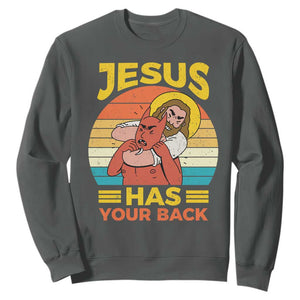 Funny Jesus Has Your Back Sweatshirt Jiu Jitsu Retro Christian TS11 Dark Heather Print Your Wear