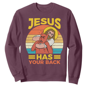 Funny Jesus Has Your Back Sweatshirt Jiu Jitsu Retro Christian TS11 Maroon Print Your Wear