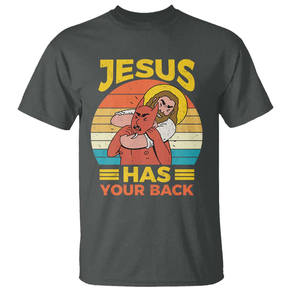 Funny Jesus Has Your Back T Shirt Jiu Jitsu Retro Christian TS11 Dark Heather Print Your Wear