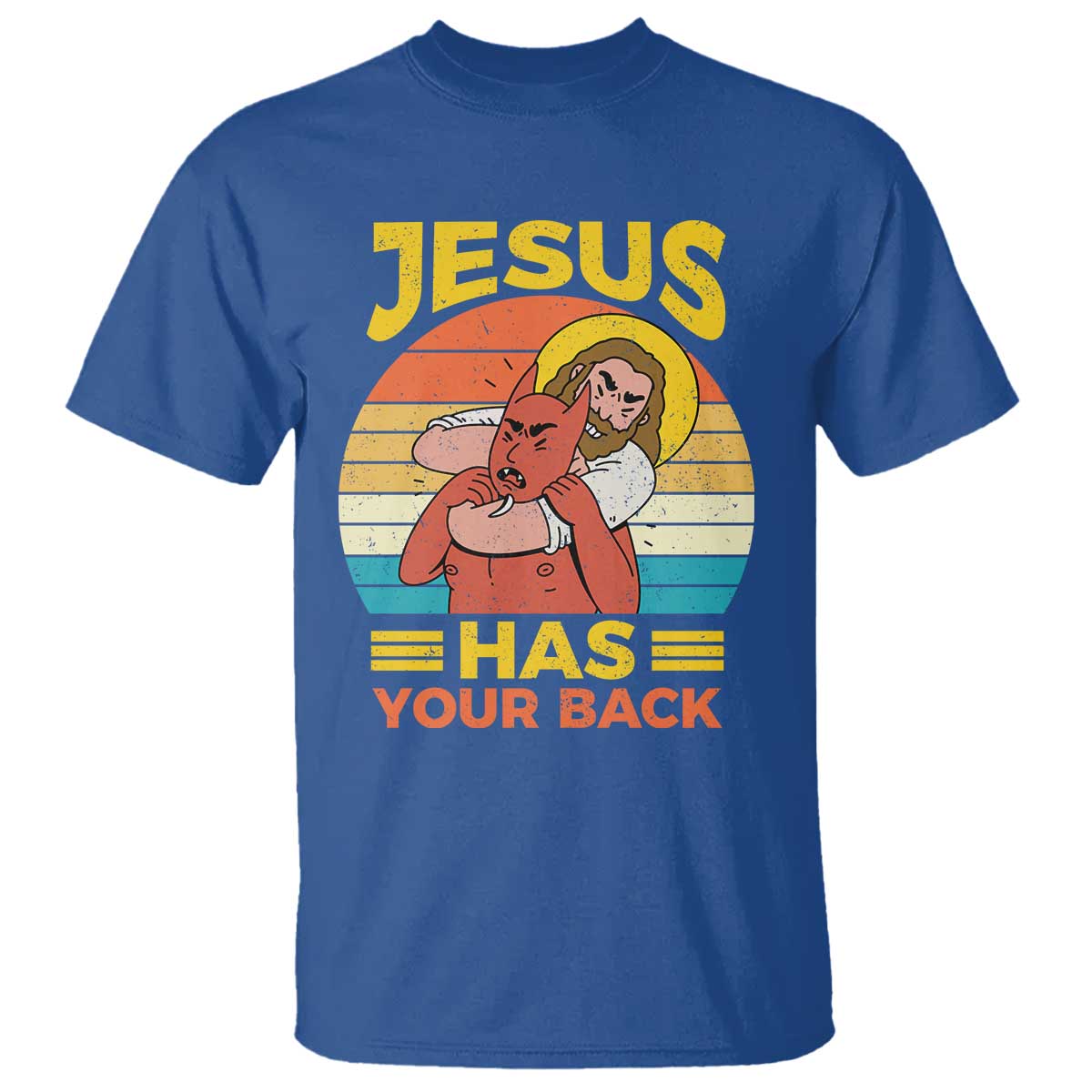 Funny Jesus Has Your Back T Shirt Jiu Jitsu Retro Christian TS11 Royal Blue Print Your Wear