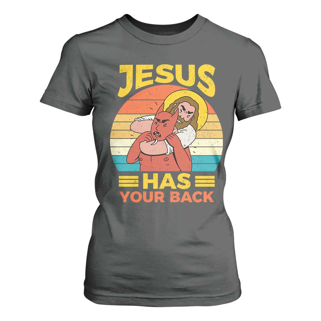 Funny Jesus Has Your Back T Shirt For Women Jiu Jitsu Retro Christian TS11 Dark Heather Print Your Wear