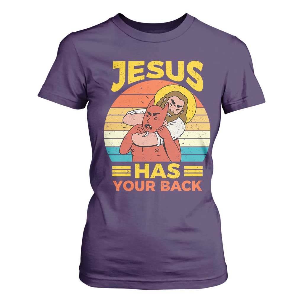 Funny Jesus Has Your Back T Shirt For Women Jiu Jitsu Retro Christian TS11 Purple Print Your Wear