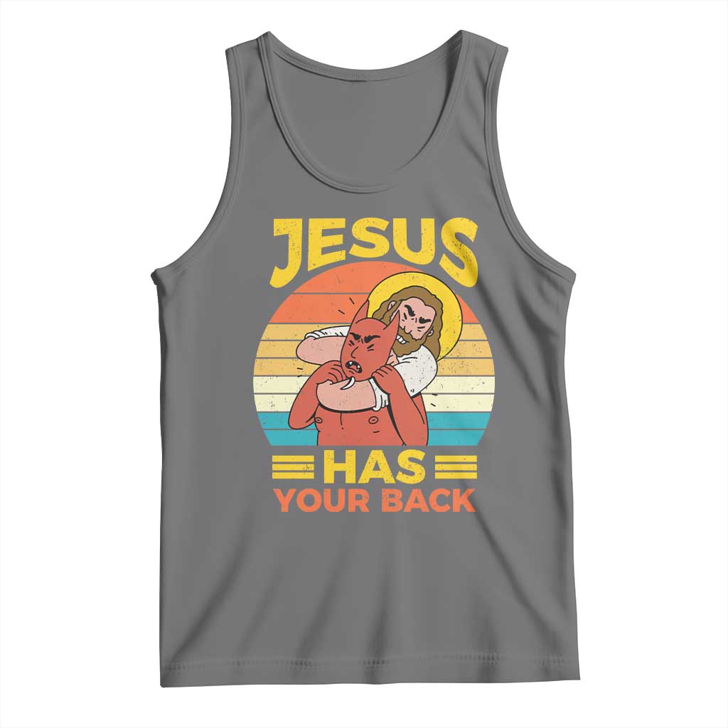 Funny Jesus Has Your Back Tank Top Jiu Jitsu Retro Christian TS11 Black Heather Print Your Wear