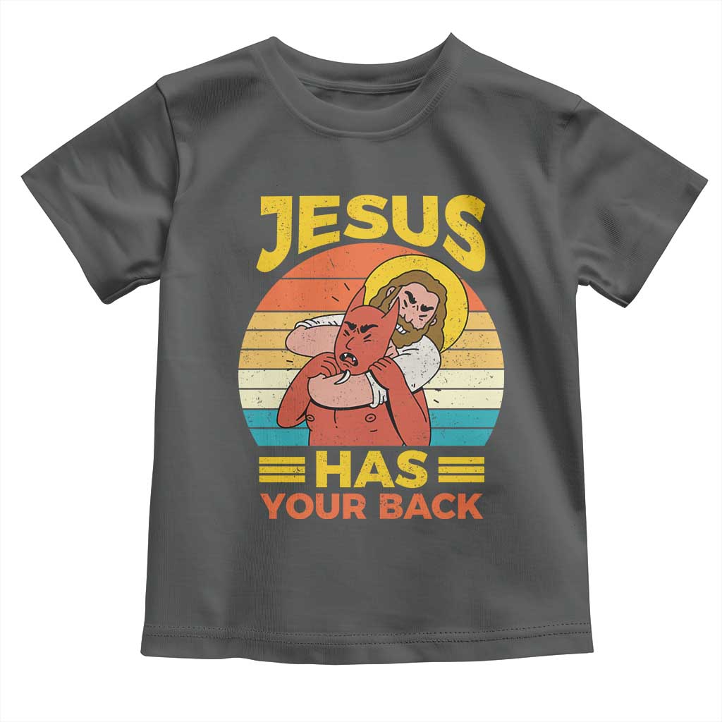 Funny Jesus Has Your Back Toddler T Shirt Jiu Jitsu Retro Christian TS11 Dark Heather Print Your Wear