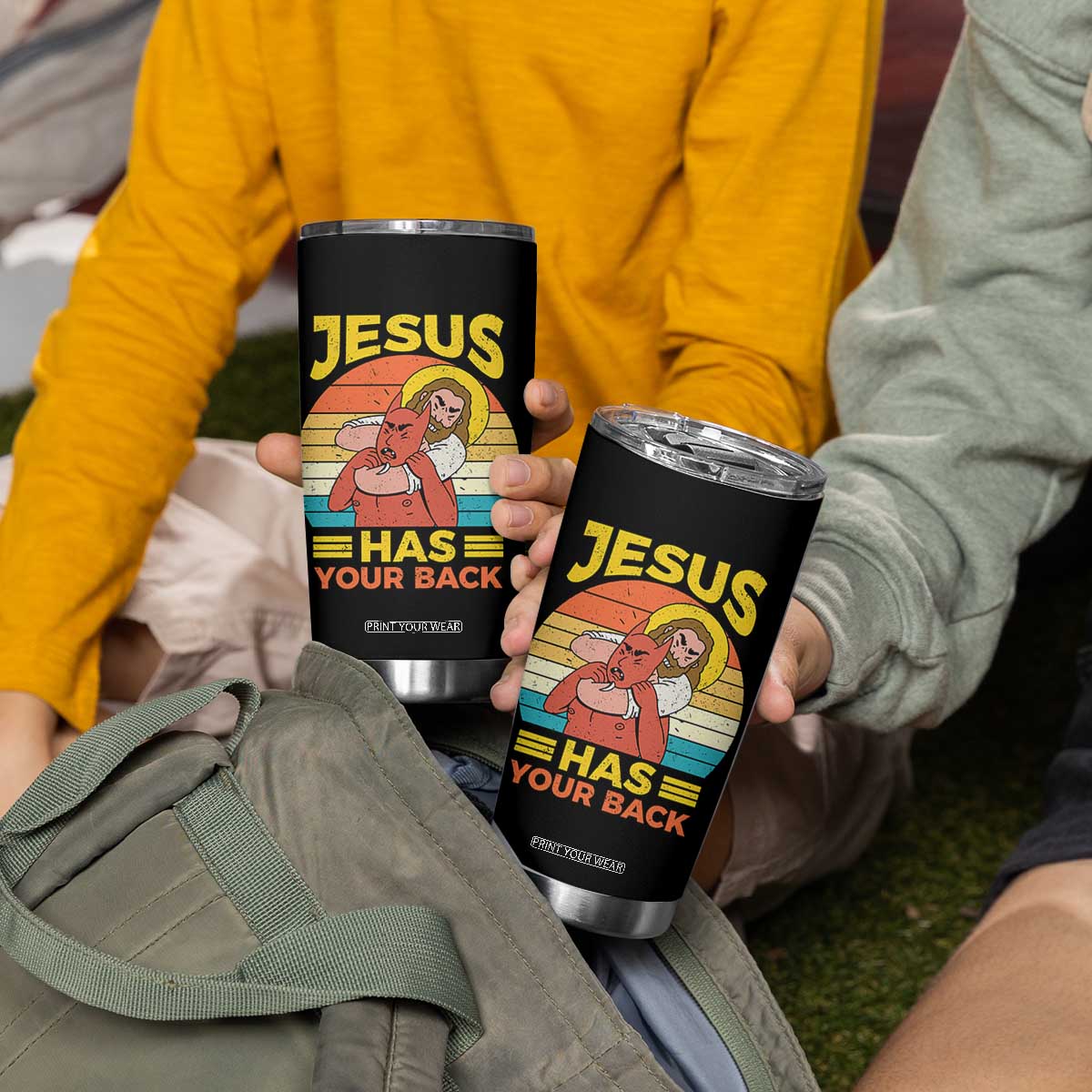 Funny Jesus Has Your Back Tumbler Cup Jiu Jitsu Retro Christian TS11 Print Your Wear