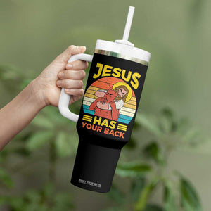 Funny Jesus Has Your Back Tumbler With Handle Jiu Jitsu Retro Christian TS11 Print Your Wear