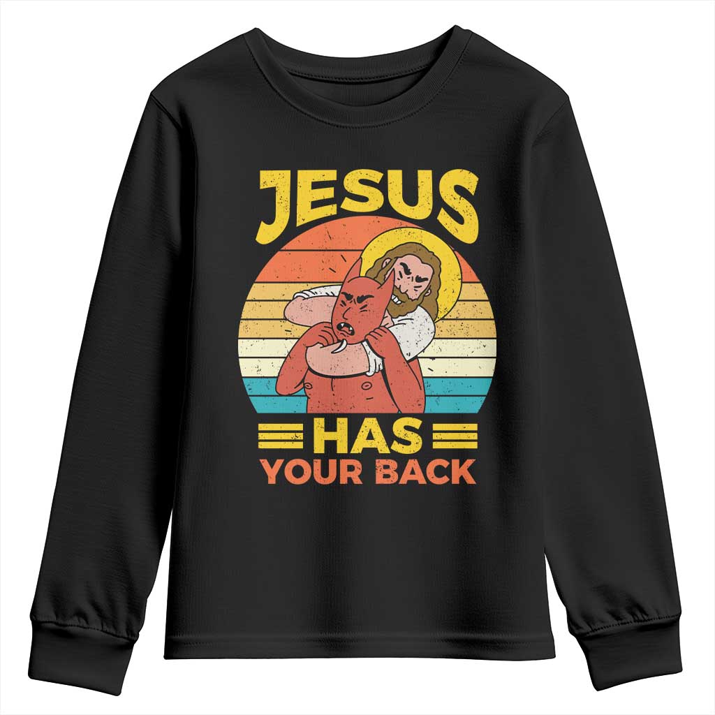 Funny Jesus Has Your Back Youth Sweatshirt Jiu Jitsu Retro Christian TS11 Black Print Your Wear