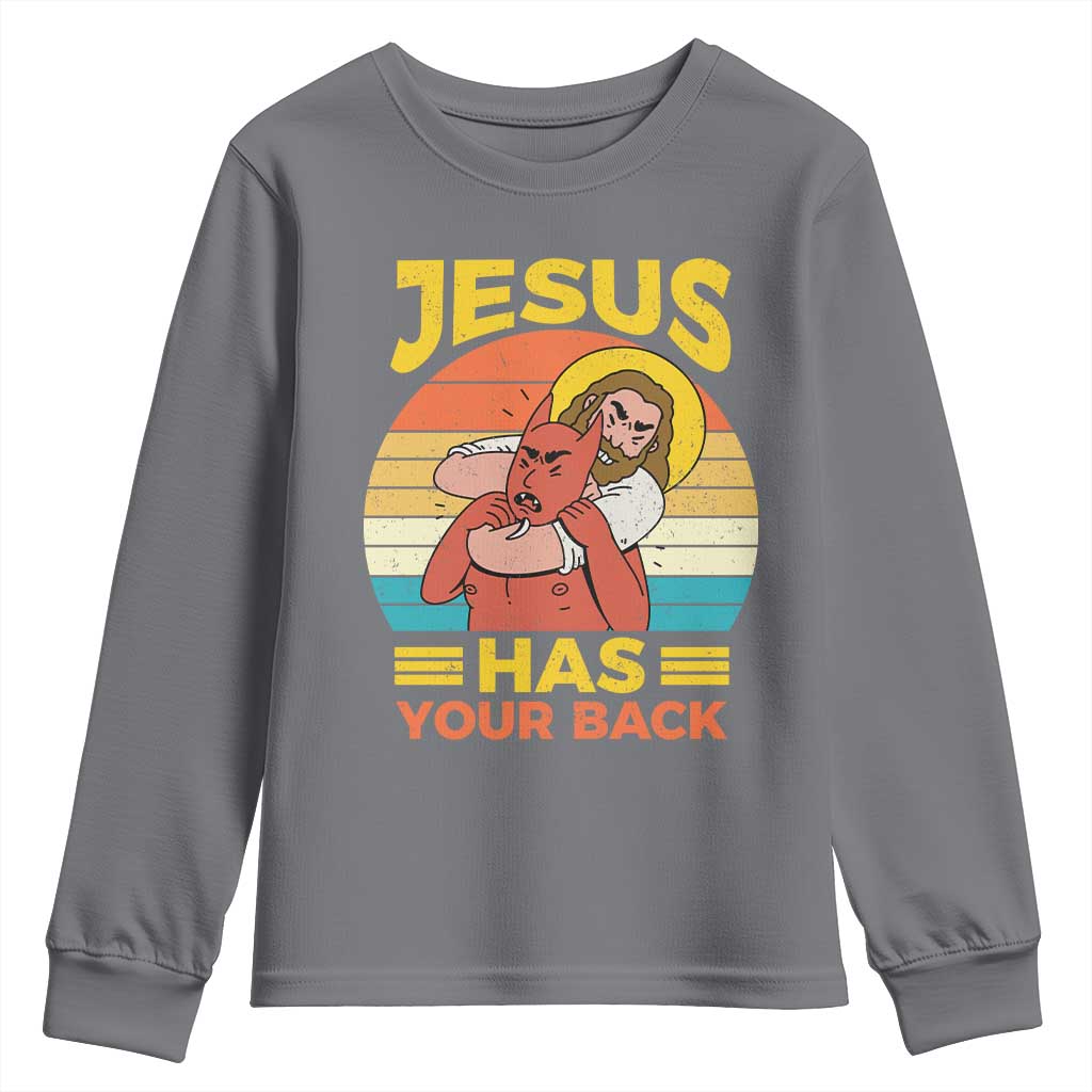 Funny Jesus Has Your Back Youth Sweatshirt Jiu Jitsu Retro Christian TS11 Charcoal Print Your Wear