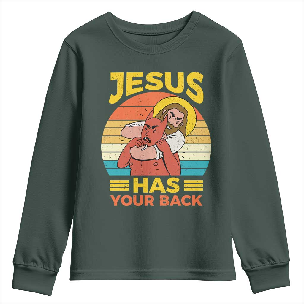 Funny Jesus Has Your Back Youth Sweatshirt Jiu Jitsu Retro Christian TS11 Dark Forest Green Print Your Wear