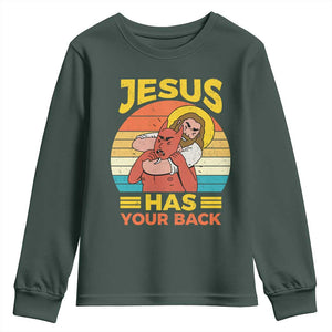 Funny Jesus Has Your Back Youth Sweatshirt Jiu Jitsu Retro Christian TS11 Dark Forest Green Print Your Wear