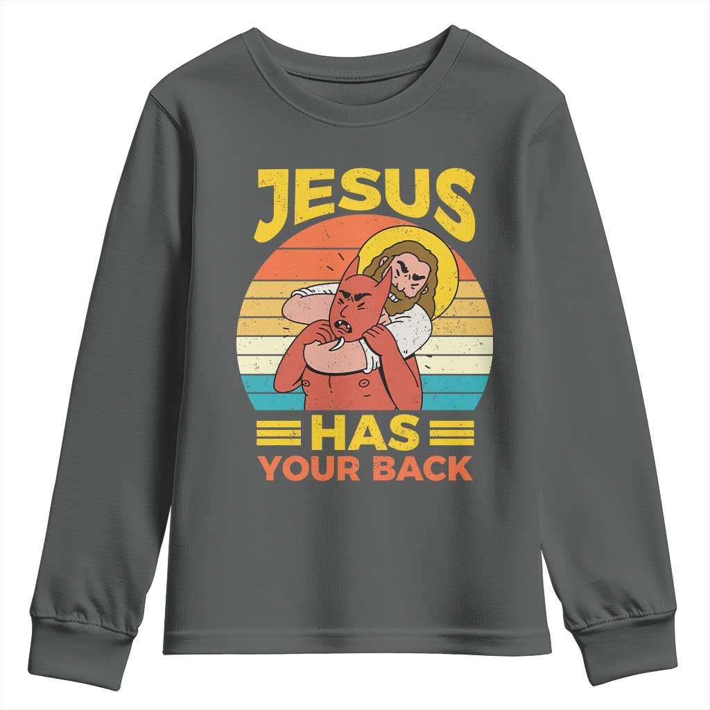 Funny Jesus Has Your Back Youth Sweatshirt Jiu Jitsu Retro Christian TS11 Dark Heather Print Your Wear
