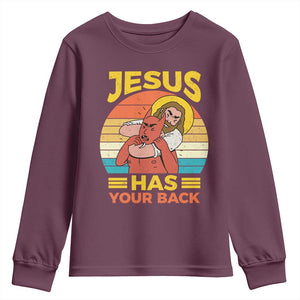 Funny Jesus Has Your Back Youth Sweatshirt Jiu Jitsu Retro Christian TS11 Maroon Print Your Wear
