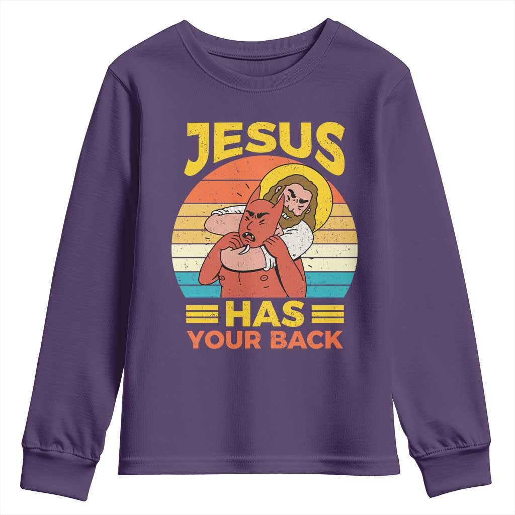 Funny Jesus Has Your Back Youth Sweatshirt Jiu Jitsu Retro Christian TS11 Purple Print Your Wear
