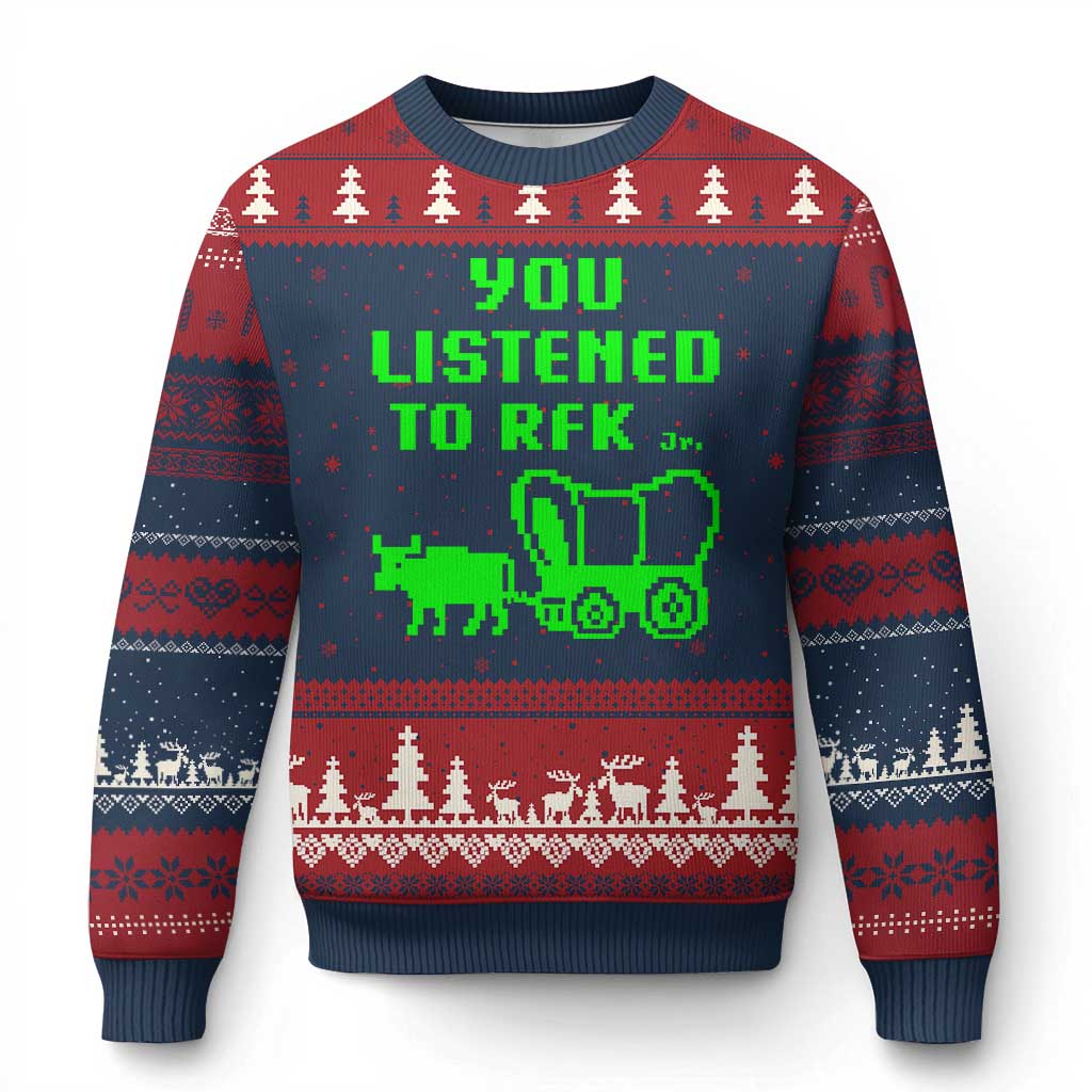 Funny You Listened To RFK Jr Ugly Christmas Sweater Oregon Trail Cow Wagon TS11 Navy Red Print Your Wear