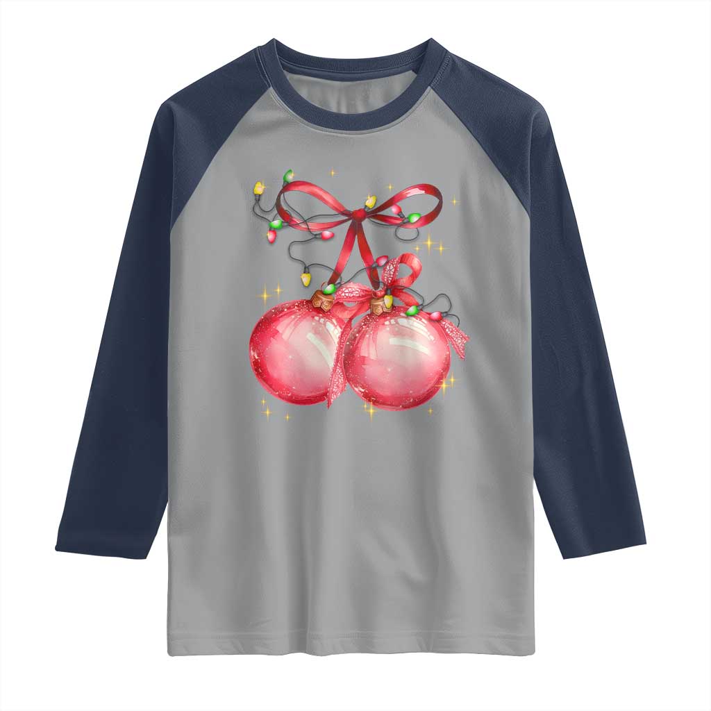 Christmas Coquette Pink Baubles Bow Raglan Shirt TS11 Sport Gray Navy Print Your Wear