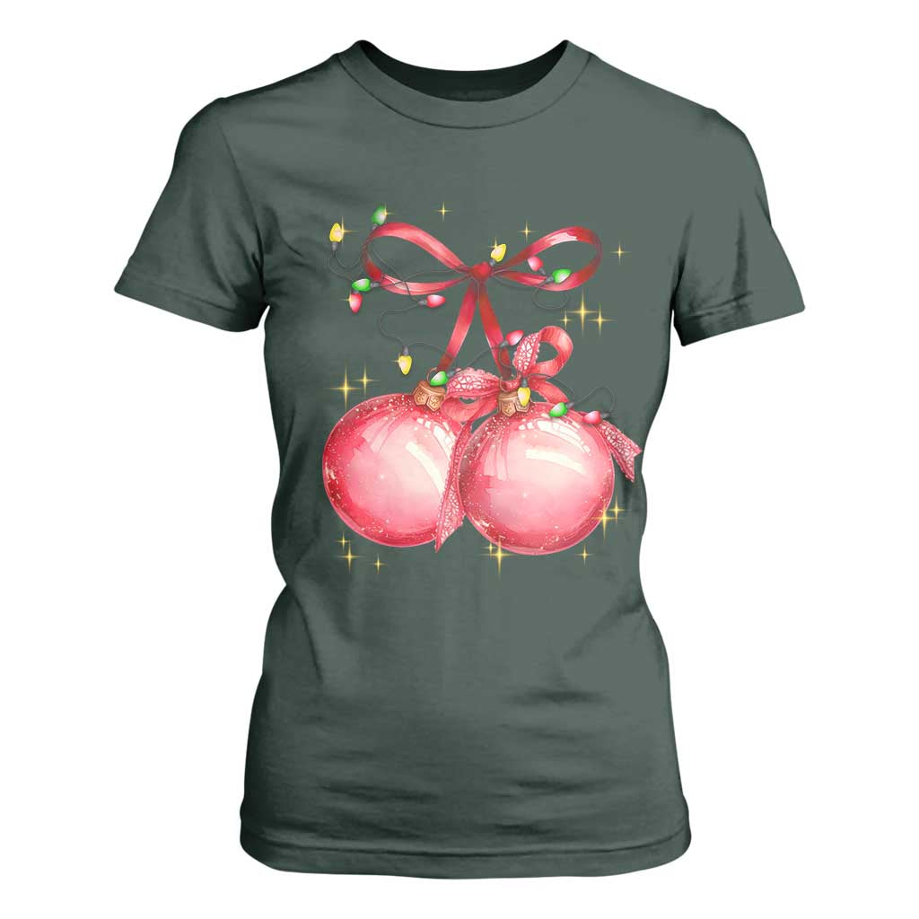 Christmas Coquette Pink Baubles Bow T Shirt For Women TS11 Dark Forest Green Print Your Wear