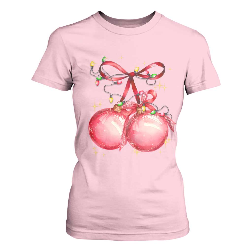 Christmas Coquette Pink Baubles Bow T Shirt For Women TS11 Light Pink Print Your Wear