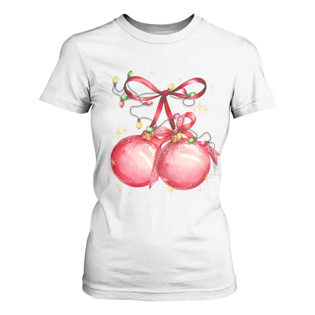 Christmas Coquette Pink Baubles Bow T Shirt For Women TS11 White Print Your Wear
