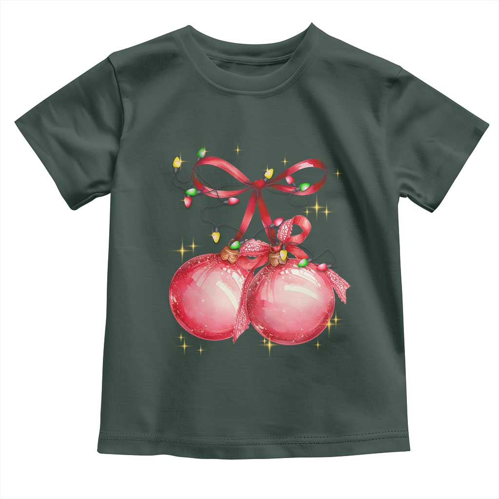Christmas Coquette Pink Baubles Bow Toddler T Shirt TS11 Dark Forest Green Print Your Wear
