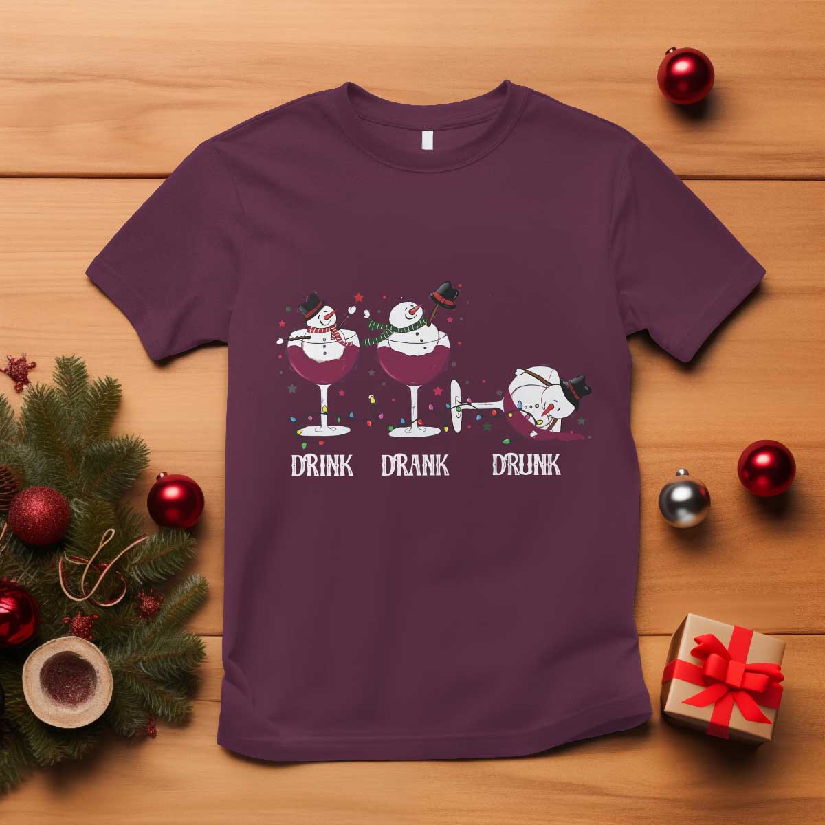Funny Christmas Wine T Shirt Drink Drank Drunk Snowman Xmas TS11 Maroon Print Your Wear