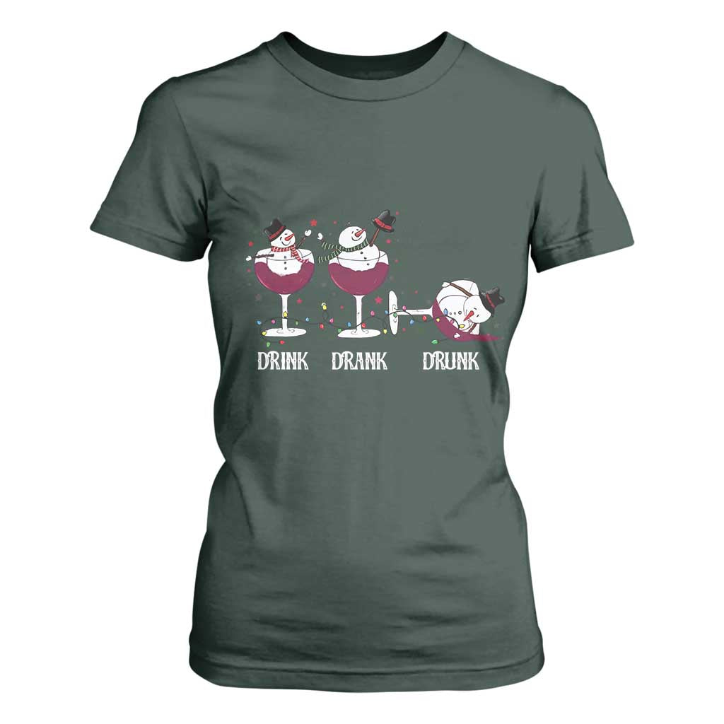 Funny Christmas Wine T Shirt For Women Drink Drank Drunk Snowman Xmas TS11 Dark Forest Green Print Your Wear
