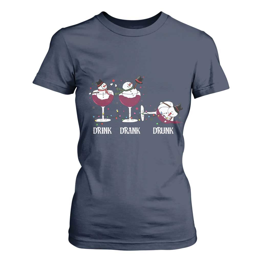 Funny Christmas Wine T Shirt For Women Drink Drank Drunk Snowman Xmas TS11 Navy Print Your Wear