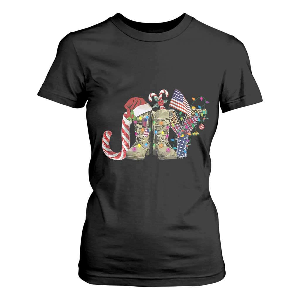 Christmas Veterans T Shirt For Women Joy Candy Cane American Flag TS11 Black Print Your Wear