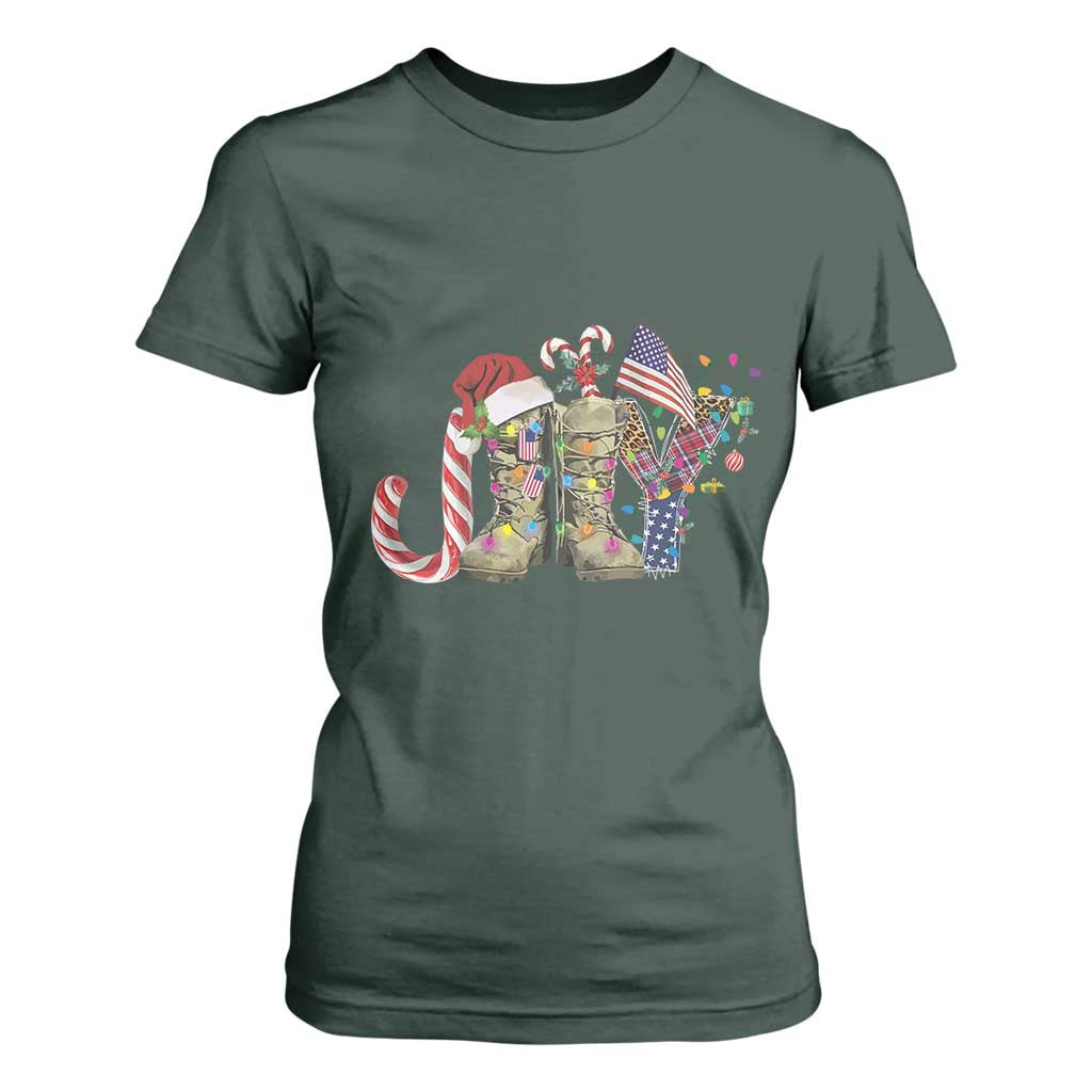 Christmas Veterans T Shirt For Women Joy Candy Cane American Flag TS11 Dark Forest Green Print Your Wear