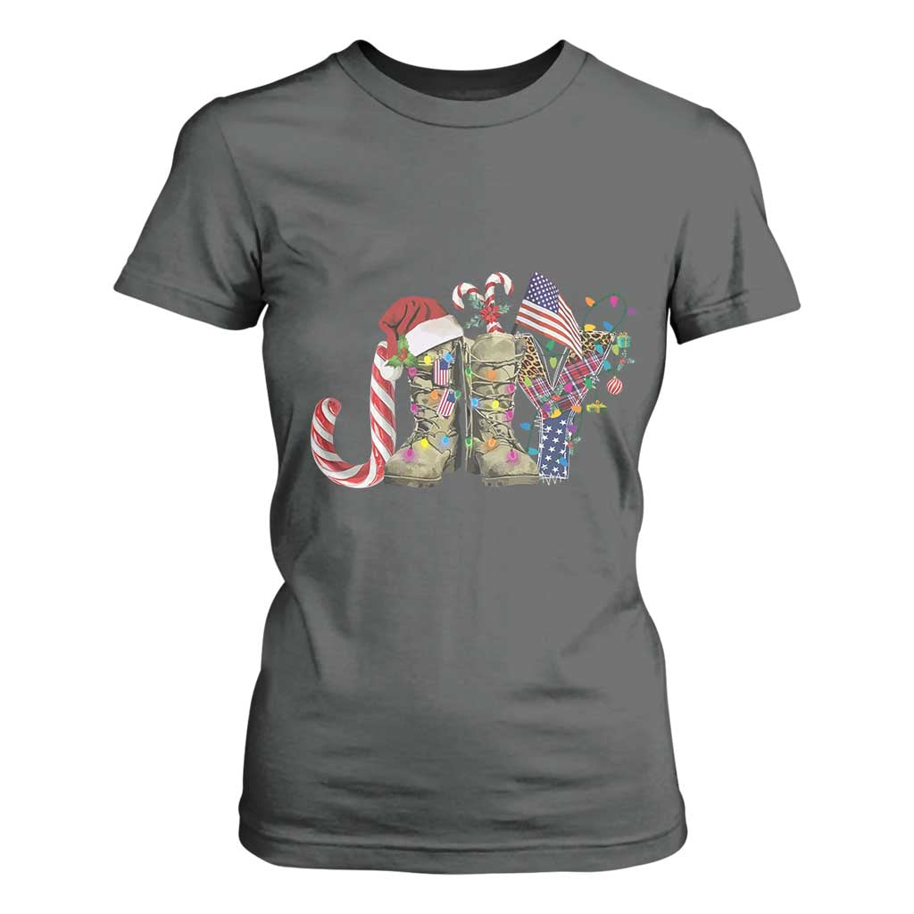 Christmas Veterans T Shirt For Women Joy Candy Cane American Flag TS11 Dark Heather Print Your Wear
