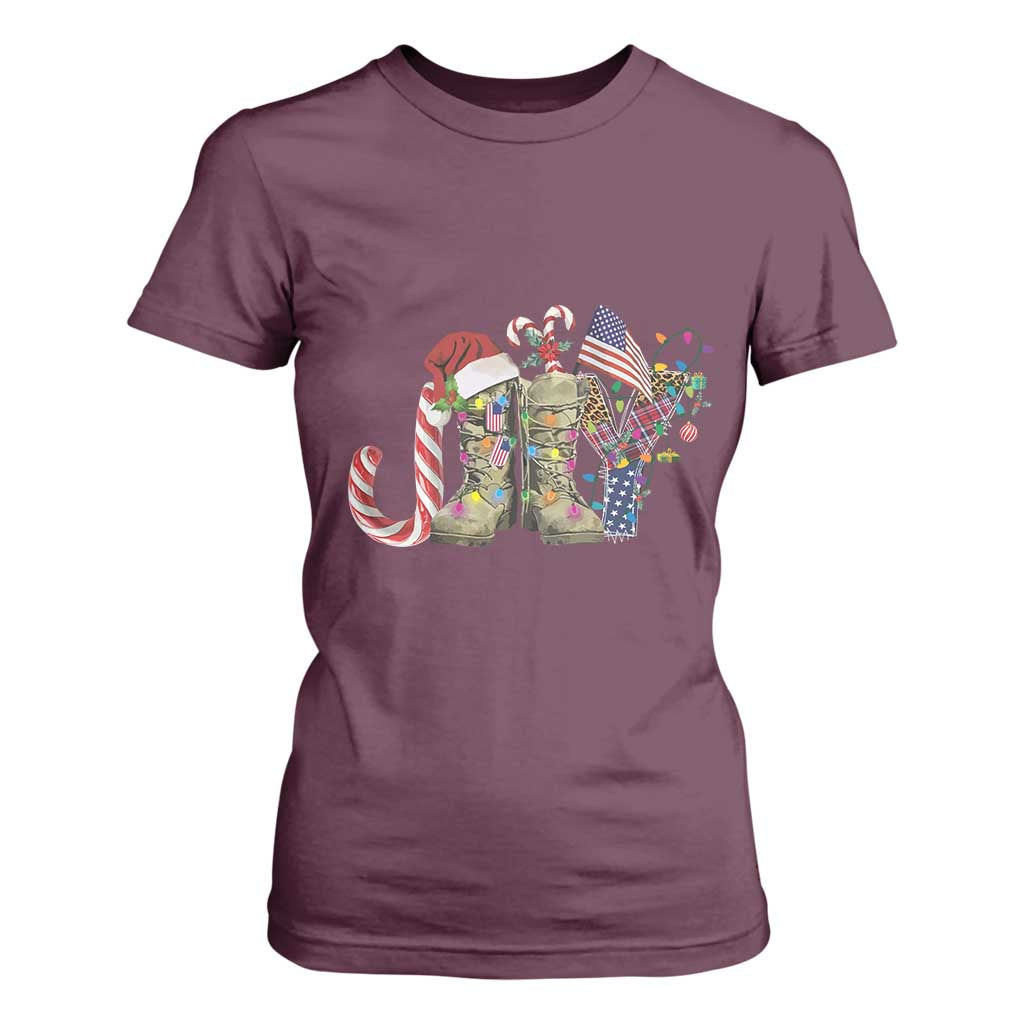 Christmas Veterans T Shirt For Women Joy Candy Cane American Flag TS11 Maroon Print Your Wear