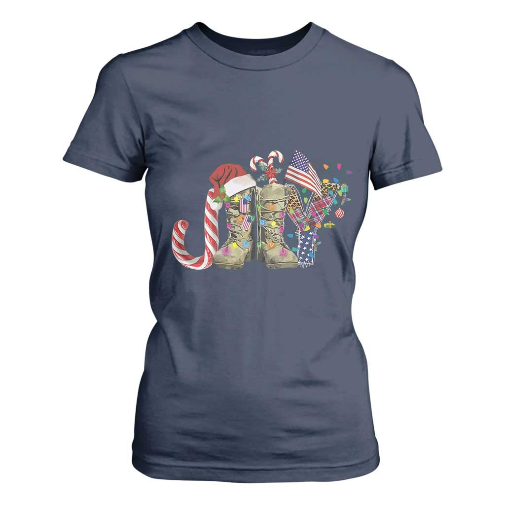 Christmas Veterans T Shirt For Women Joy Candy Cane American Flag TS11 Navy Print Your Wear