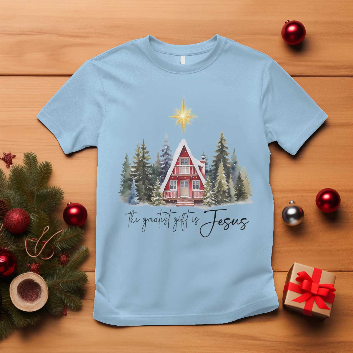 Christian Christmas T Shirt The Greatest Gift Is Jesus Star Of Bethlehem TS11 Light Blue Print Your Wear