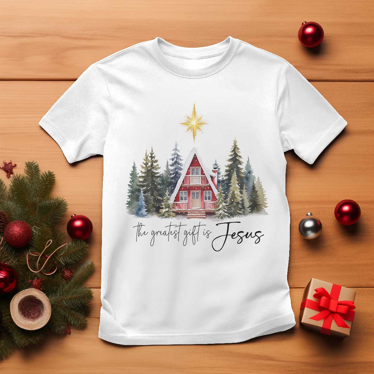 Christian Christmas T Shirt The Greatest Gift Is Jesus Star Of Bethlehem TS11 White Print Your Wear