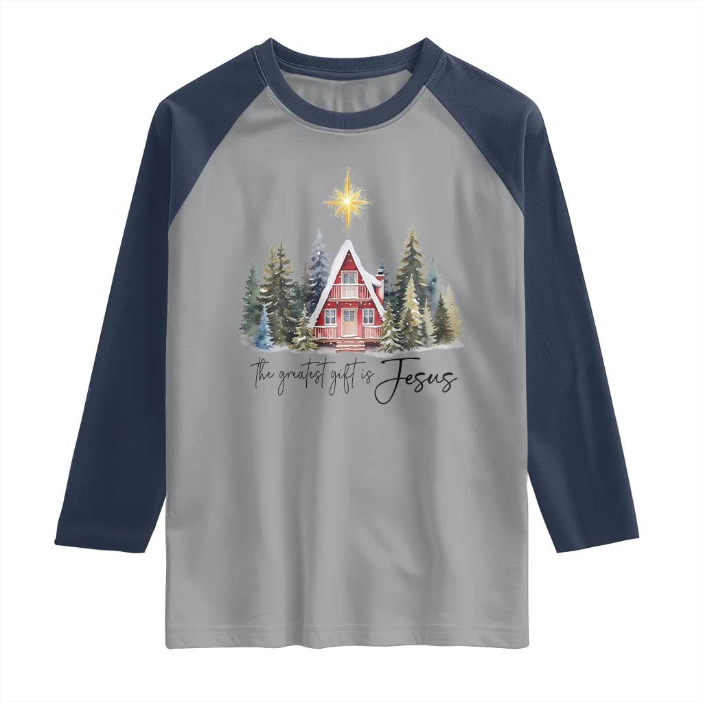 Christian Christmas Raglan Shirt The Greatest Gift Is Jesus Star Of Bethlehem TS11 Sport Gray Navy Print Your Wear